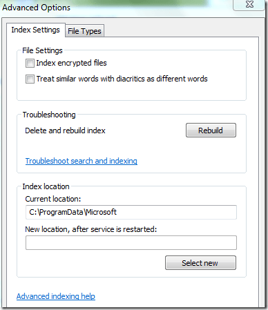 paramètres d'index de Windows 7