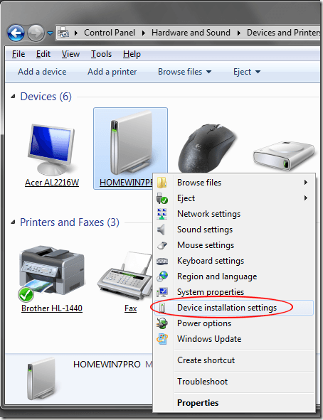 Paramètres d'installation de l'appareil Windows 7