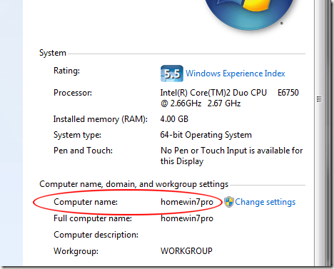 Nom de l'ordinateur Windows 7