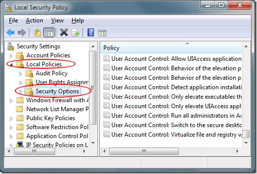Options de sécurité de Windows 7