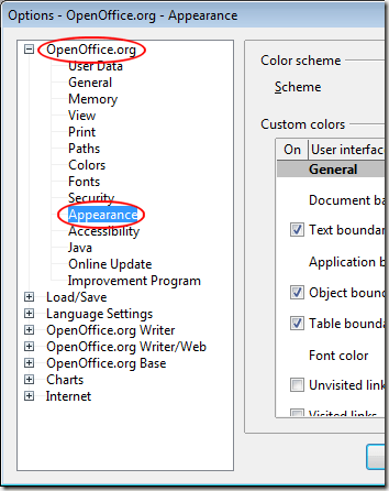 Options d'apparence d'OpenOffice Writer