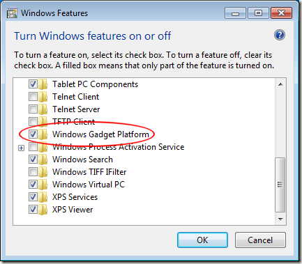 Décochez la plate-forme Gadgets dans Activer ou désactiver les fonctionnalités Windows