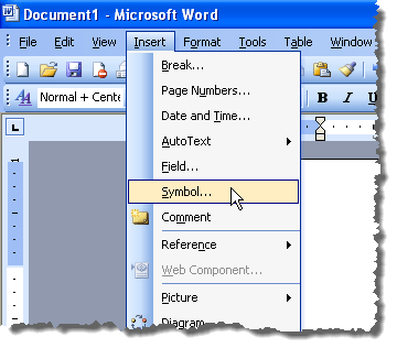 Sélection d'un symbole dans le menu Insertion dans Word 2003