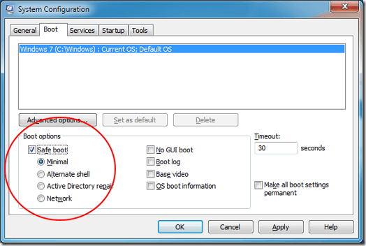 Options de démarrage en mode sans échec de Windows 7