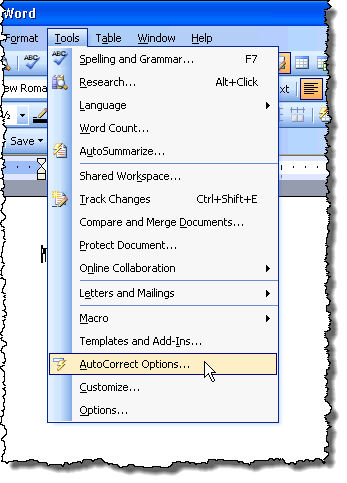 Sélection des options de correction automatique dans le menu Outils