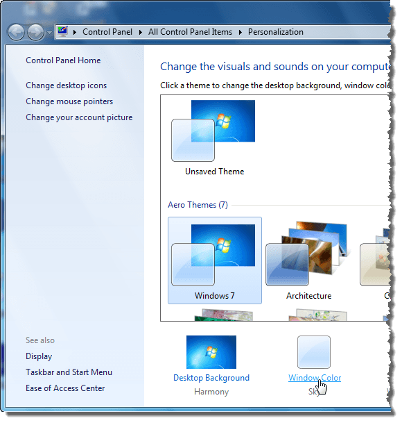 Cliquez sur Couleur de la fenêtre dans la fenêtre de personnalisation dans Windows 7