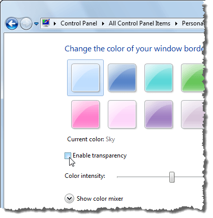Désactivation de la transparence dans Windows 7