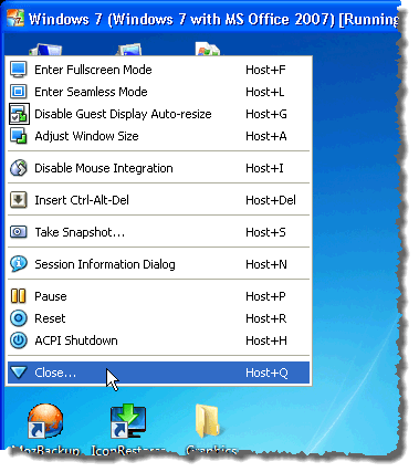 Options du menu VirtualBox