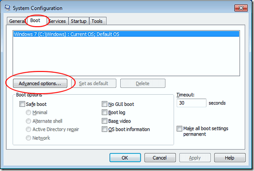 Options avancées dans la configuration du système Windows 7
