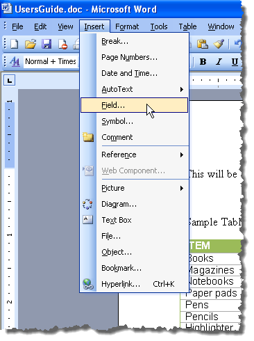 Sélection d'un champ dans le menu Insertion dans Word 2003