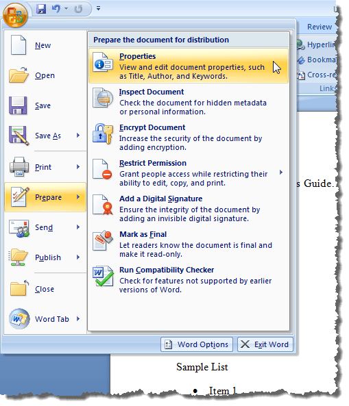 Sélection de Préparer |  Propriétés du menu Office dans Word 2007