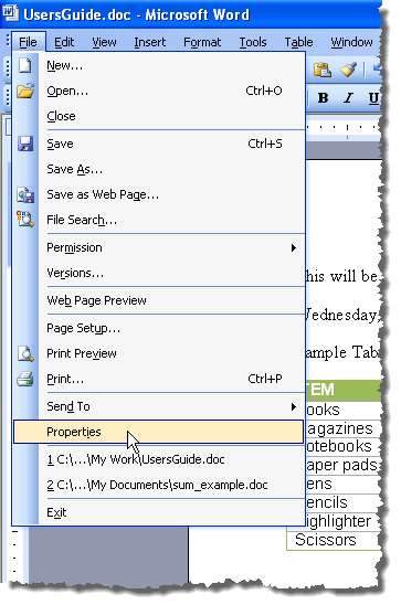 Sélection des propriétés dans le menu Insertion dans Word 2003