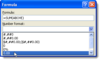 Sélection d'un format numérique dans la boîte de dialogue Formule dans Word 2007