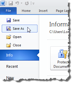 Sélectionner Enregistrer sous dans l'onglet Fichier dans Word 2010