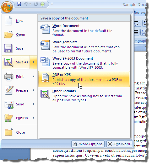 Sélection de l'option Enregistrer au format PDF ou XPS dans Word 2007