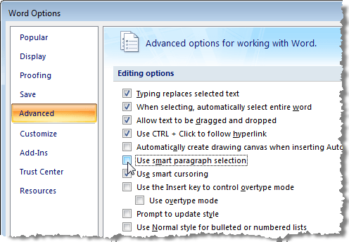 Désélectionner Utiliser la sélection de paragraphes intelligente dans Word 2007
