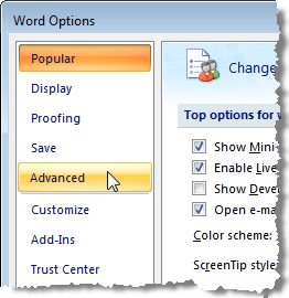 Accès aux options avancées de Word dans Word 2007