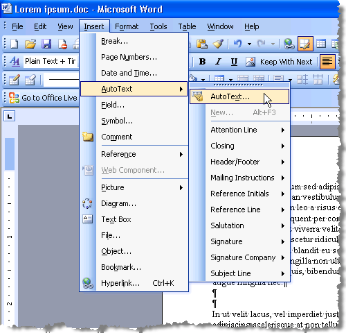 Ouverture de l'insertion automatique dans Word 2003