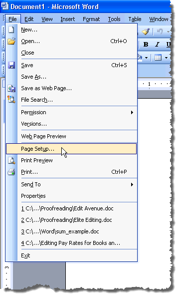 Sélection de la mise en page dans Word 2003