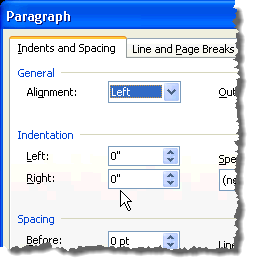 Pouces sur l'indentation dans la boîte de dialogue de paragraphe dans Word 2003