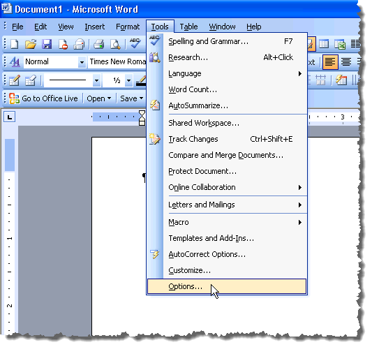 Sélection d'options dans le menu Outils dans Word 2003