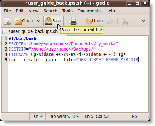 Modification du fichier de script shell dans gedit