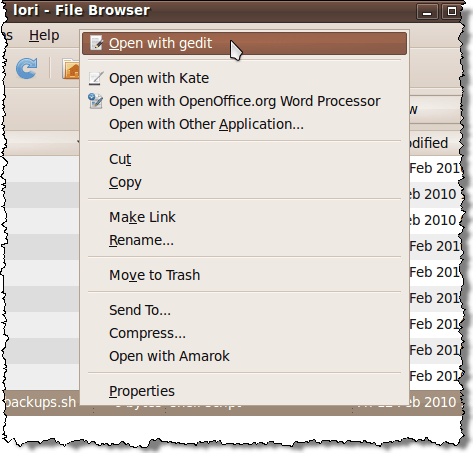 Ouverture du fichier de script shell avec gedit
