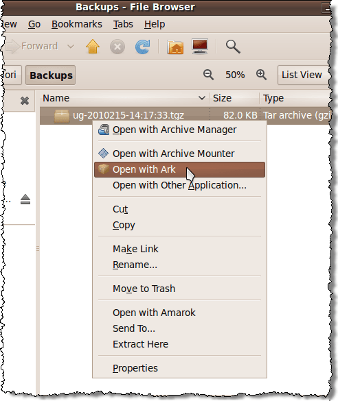 Options du menu contextuel pour le fichier .tgz