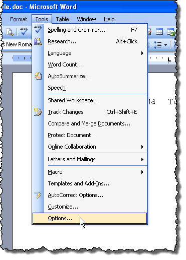 Sélection d'options dans le menu Outils dans Word 2003