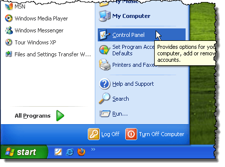 Ouverture du panneau de configuration sous Windows XP