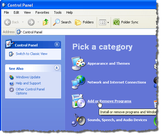 Cliquer sur le lien Ajouter ou supprimer des programmes dans Windows XP