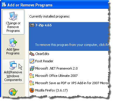 Cliquer sur Ajouter / supprimer des composants Windows dans Windows XP