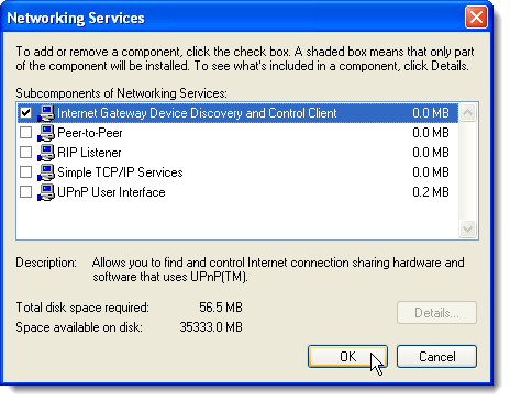 Détails des services réseau sous Windows XP