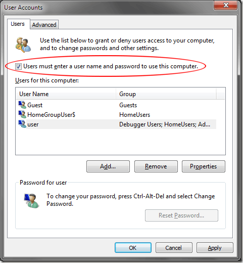 Les utilisateurs de Windows 7 doivent entrer un nom d'utilisateur et un mot de passe