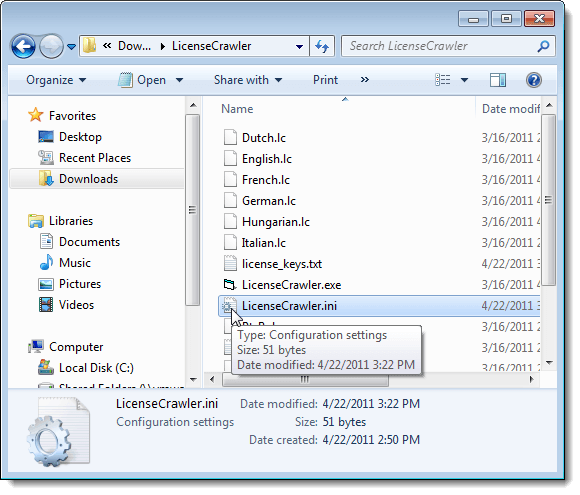 Fichier de configuration enregistré pour LicenseCrawler