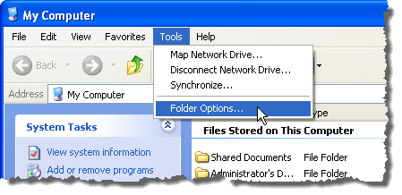 Ouverture des options de dossier sous Windows XP