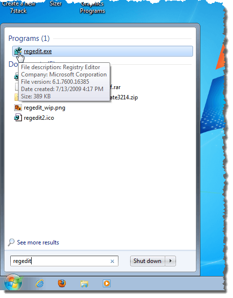 Recherche de regedit dans Windows 7