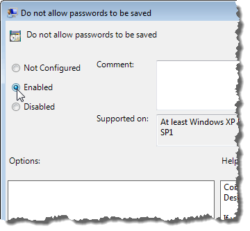 Activation du paramètre Ne pas autoriser l'enregistrement des mots de passe